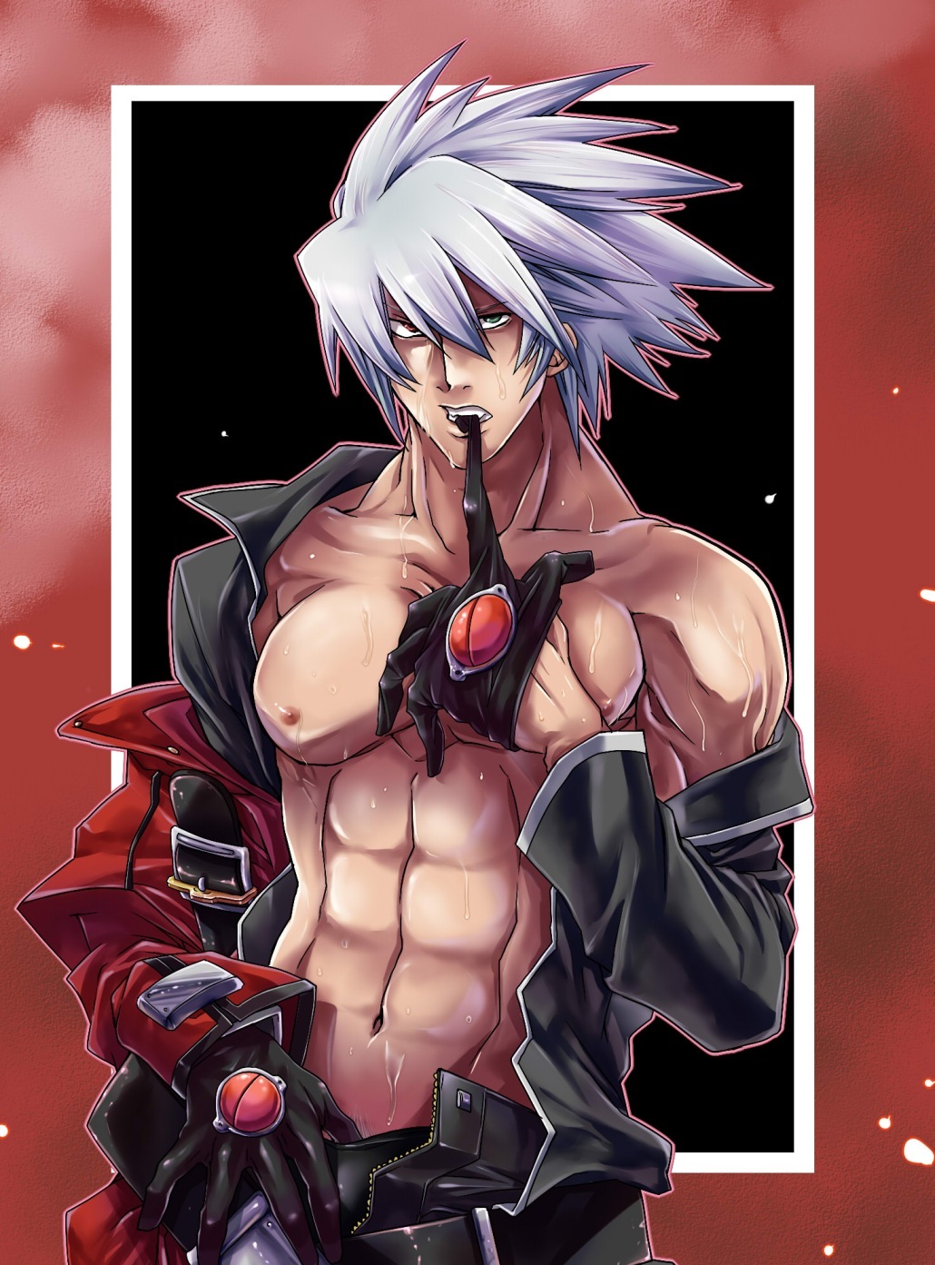 abs arc_system_works blazblue heterochromia highres kaneaki_mukku male male_focus manly muscle open_clothes open_shirt pubic_hair ragna_the_bloodedge shirt solo sweat underwear undressing wet white_hair