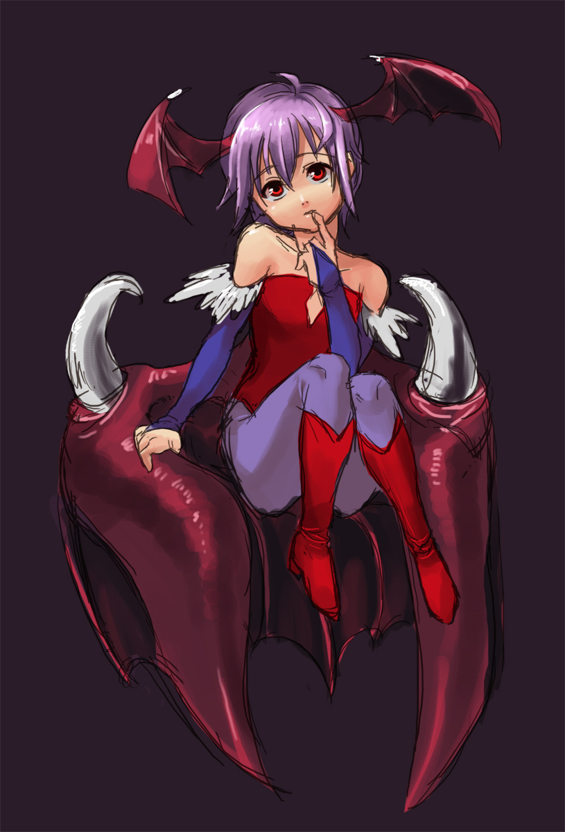 bare_shoulders boots capcom demon_girl flat_chest head_wings highres lilith_aensland pantyhose pink_hair red_eyes shoulders succubus vampire_(game) wings