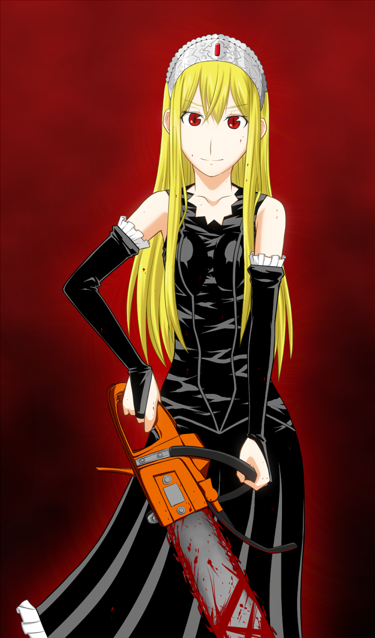 black_dress blonde_hair blood bridal_gauntlets chainsaw chicks_with_chainsaws dress elbow_gloves female gloves goriate gradient gradient_background highres hime_(kaibutsu_oujo) kaibutsu_oujo lilianne long_hair red_eyes smile solo tiara