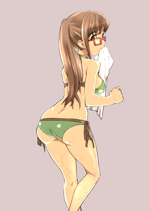 ass bakushiishi_at bikini brown_eyes brown_hair from_behind glasses long_hair looking_back ponytail purple_background red-framed_eyewear side-tie_bikini simple_background solo soredemo_machi_wa_mawatteiru swimsuit tatsuno_toshiko towel