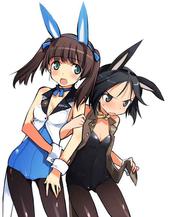 alternate_costume animal_ears black_eyes black_hair black_legwear blush bow bowtie brave_witches brown_hair bunny_ears bunnysuit fang georgette_lemare green_eyes kanno_naoe multiple_girls pantyhose shimada_fumikane short_hair twintails world_witches_series