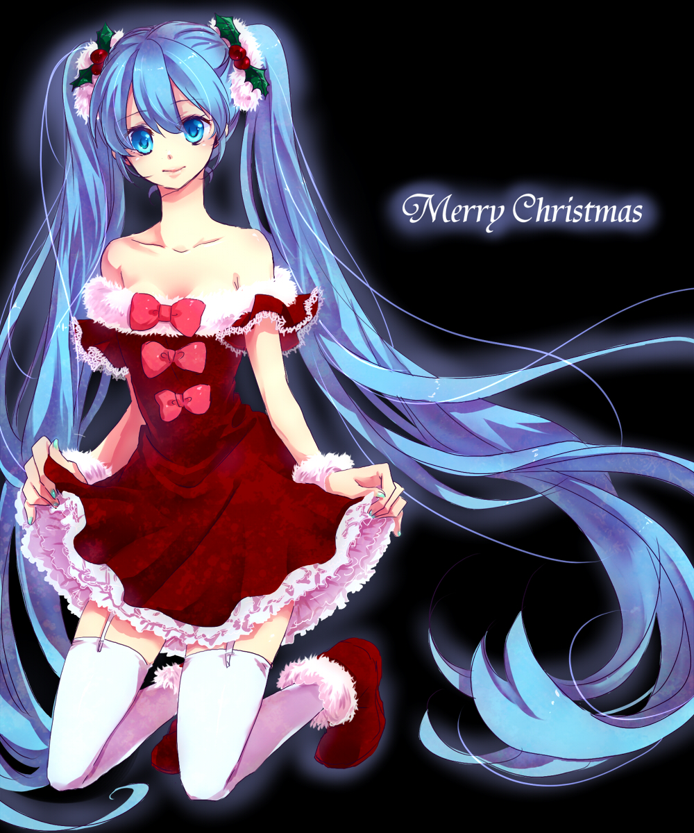 bare_shoulders blue_eyes blue_hair dress garter_straps hair_ornament hatsune_miku highres holly kneeling long_hair simple_background solo strapless strapless_dress thighhighs twintails very_long_hair vocaloid yuh
