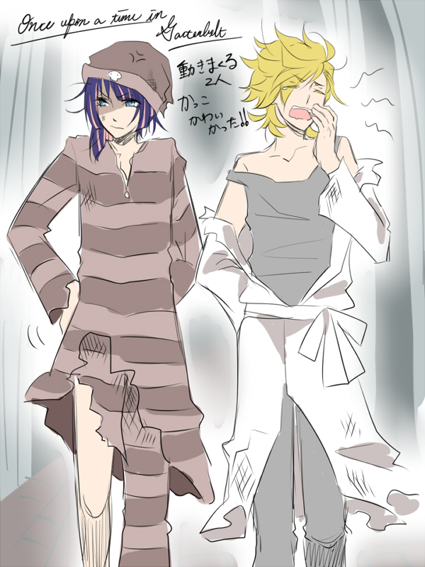 2boys blonde_hair blue_eyes brothers english frown genderswap gothic_lolita hand_on_hip hips jacket lolita_fashion messy_hair multicolored_hair multiple_boys off_shoulder open_mouth pajamas panty_&amp;_stocking_with_garterbelt panty_(character) panty_(psg) pink_hair purple_hair short_hair siblings stocking_(character) stocking_(psg) torn_clothes yawning
