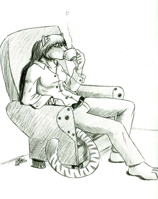 barefoot belt buttons camphor cat chair clothed clothing feline female grymmbadger hair half-closed_eyes monochrome pants shirt short_hair sitting sketch solo steam stripes tail tea