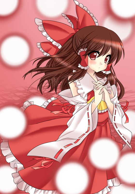 bad_id bad_pixiv_id bow brown_hair colorized danmaku detached_sleeves hair_bow hakurei_reimu half_updo hands_clasped hikataso long_hair masaru.jp own_hands_together red_eyes solo touhou