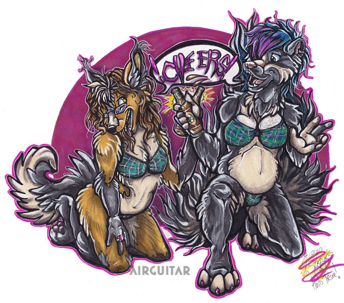 airguitar_(artist) airguitar_(character) beer bikini black canine couple dialogue glasses looking_at_each_other maned_wolf pince-nez skimpy skunk streaks_skunk tartan white yellow