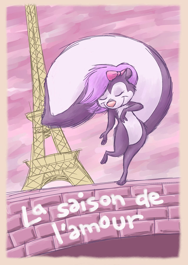 bow cute eiffel_tower eyes_closed female fifi_le_fume french_text raine_dog skunk skunkette solo tiny_toon_adventures translated
