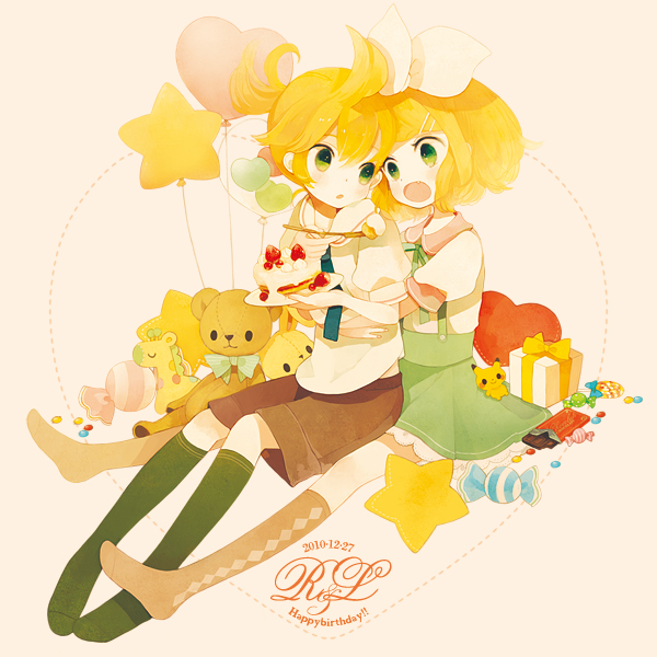 1girl argyle argyle_legwear bad_id bad_pixiv_id balloon bear brother_and_sister brown_legwear cake candy chocolate_bar feeding food gift giraffe green_legwear heart heart_balloon hug hug_from_behind kagamine_len kagamine_rin kneehighs lollipop looking_at_another open_mouth pechika puffy_short_sleeves puffy_sleeves short_sleeves shorts siblings sitting star star_balloon stuffed_animal stuffed_giraffe stuffed_toy swirl_lollipop teddy_bear twins vocaloid