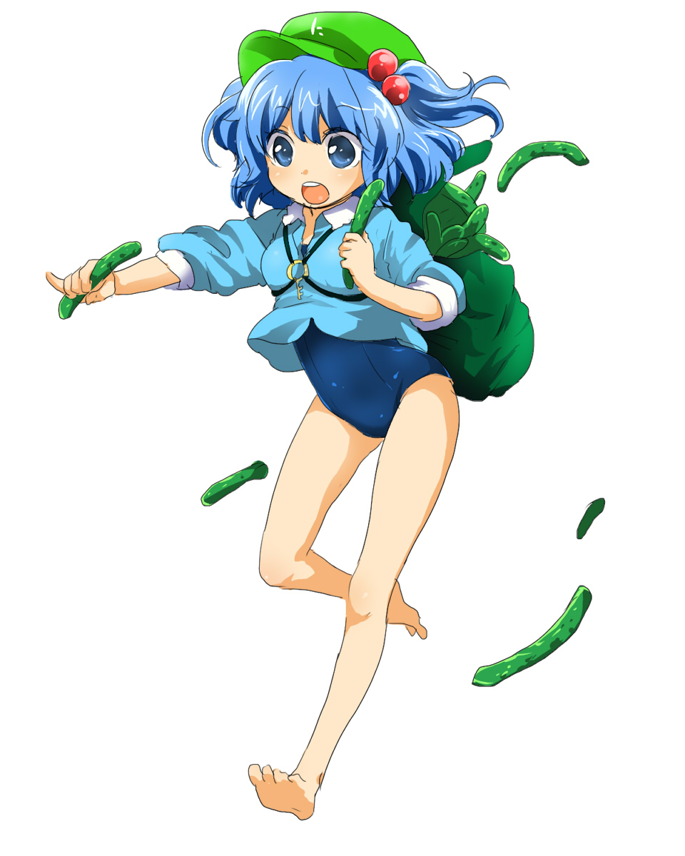 backpack bad_id bad_pixiv_id bag barefoot blue_eyes blue_hair cucumber error feet hair_bobbles hair_ornament hat highres kawashiro_nitori key machiko_(beard) no_pants running school_swimsuit solo swimsuit swimsuit_under_clothes touhou twintails two_side_up