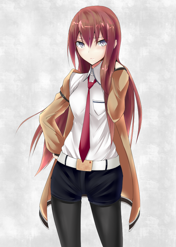 brown_hair grey_eyes legwear_under_shorts long_hair makise_kurisu necktie pantyhose red_neckwear shorts solo steins;gate umeo_retto