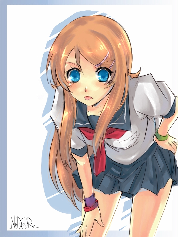 blue_eyes brown_hair kousaka_kirino leaning_forward long_hair ore_no_imouto_ga_konna_ni_kawaii_wake_ga_nai school_uniform serafuku solo tongue yuki_nadare