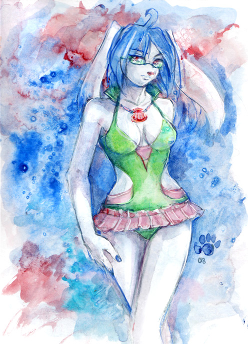 2008 blue_hair cabbit cleavage clothed crossed_legs female glasses hair jewelry lagomorph long_ears looking_at_viewer necklace one-piece_swimsuit painted_nails pawprint pink_nose red_eyes seashell shizuki_(character) short_hair skirt solo standing swimsuit thumbclawz watercolour