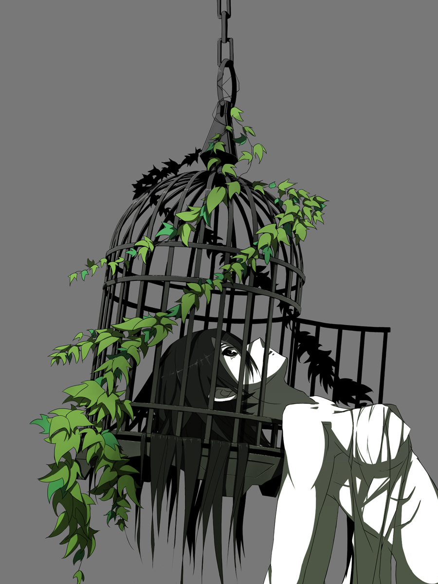 bandages black_hair cage el_(egoistic_parade) grey_eyes highres original plant simple_background solo