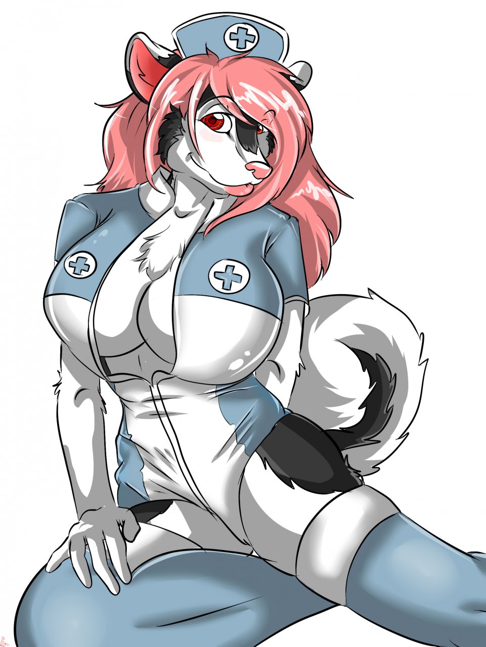 big_breasts breasts canine chest_tuft dog female heartz husky looking_at_viewer nurse nurse_uniform pink_hair red_eyes smile solo tail