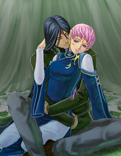 black_hair blue_eyes couple ena_(fire_emblem) eyes_closed facial_mark fire_emblem fire_emblem:_souen_no_kiseki fire_emblem_path_of_radiance hug laguz laguz_(race) long_hair pink_hair rajaion rajaion_(fire_emblem) sitting