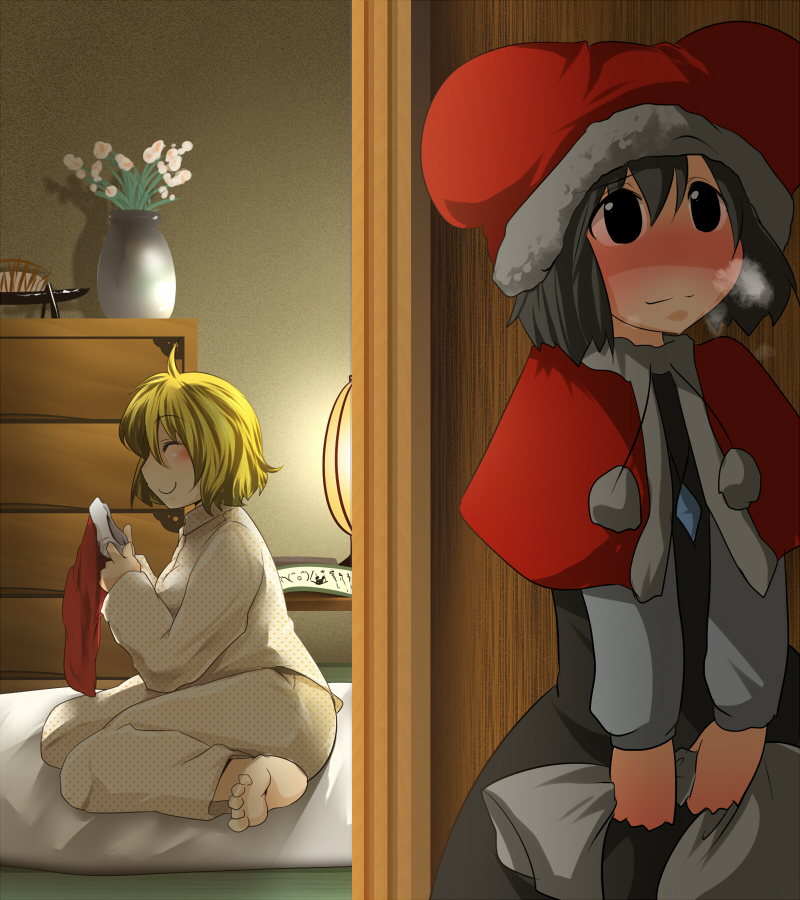 \(^o^)/ aki_(akikaze_asparagus) barefoot blonde_hair blush capelet christmas face feet happy hat jewelry multiple_girls nazrin pajamas pendant sack santa_hat short_hair sitting socks toramaru_shou touhou vase wariza