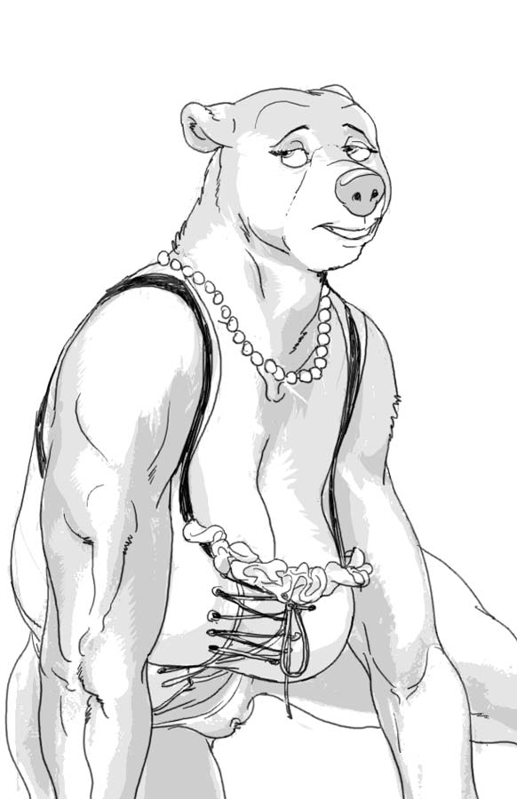 bear black_and_white breasts cleavage clothed clothing ear_piercing earring female furronika greyscale mammal monochrome necklace piercing pussy solo