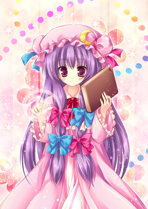 bad_id bad_pixiv_id book bow crescent fukase_ayaka hair_bow hat long_hair patchouli_knowledge purple_eyes purple_hair solo touhou