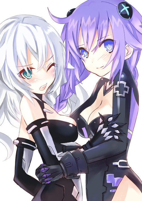 ;o ahoge aqua_eyes bangs bare_shoulders black_heart blue_eyes blush braid breasts claws cleavage cleavage_cutout cowboy_shot elbow_gloves from_side gauntlets gloves hair_ornament halterneck hug leotard light_smile long_hair looking_at_viewer magical_girl medium_breasts mikan_no_shiru multiple_girls neptune_(series) one_eye_closed open_mouth power_symbol purple_hair purple_heart sideboob simple_background smile symbol-shaped_pupils turtleneck twin_braids wavy_hair white_background white_hair wince