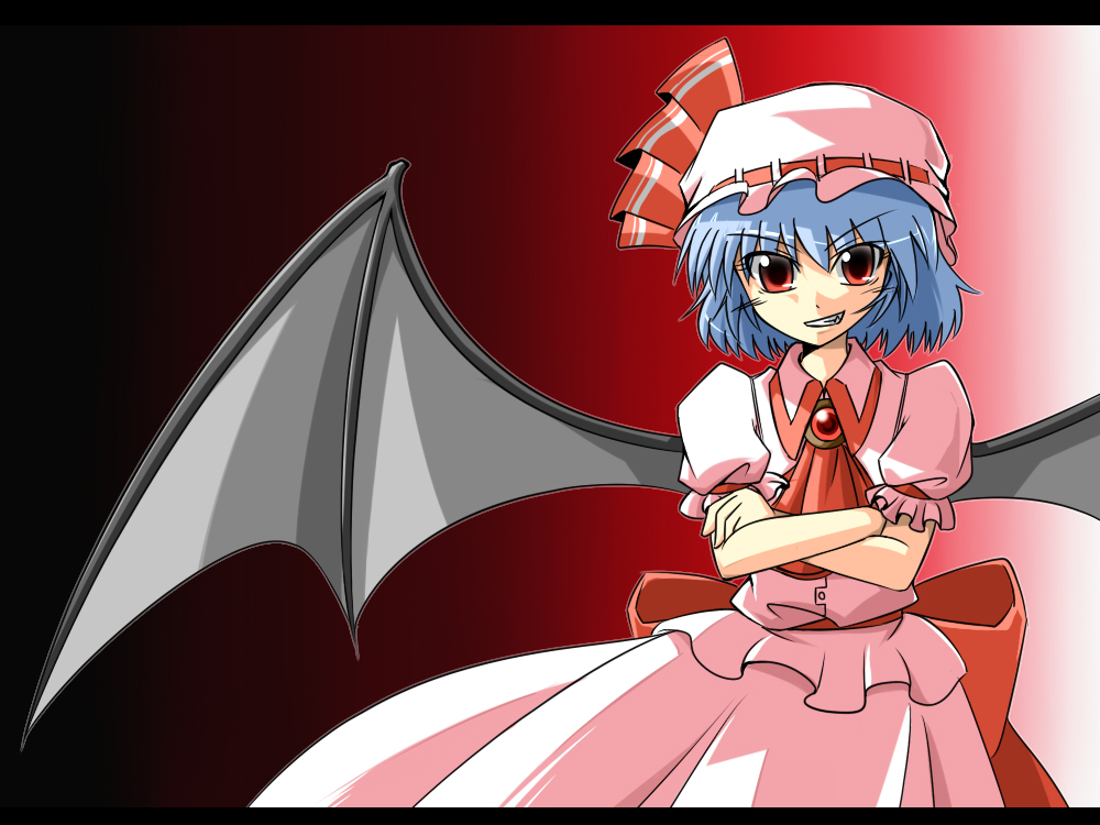 bad_id bad_pixiv_id bat_wings blue_hair brooch crossed_arms dress gradient gradient_background grin hat hat_ribbon jewelry red_eyes remilia_scarlet ribbon short_hair smile solo sora_no_amagumo touhou wings