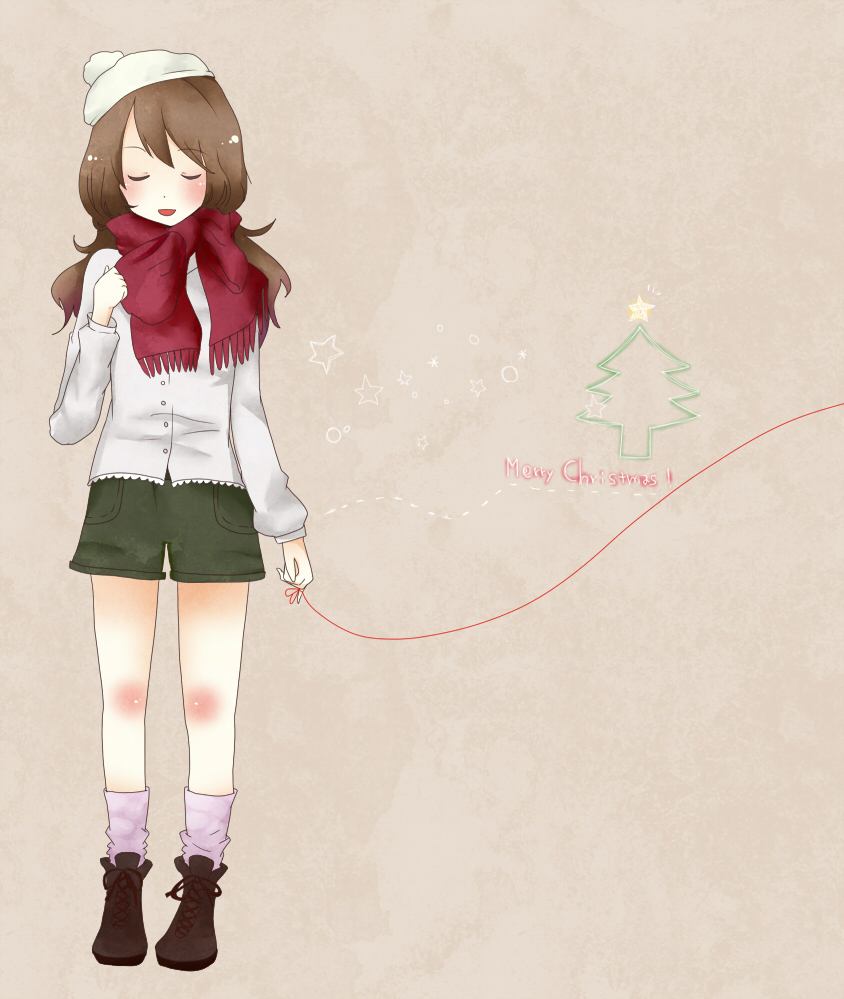 aya_mizu bad_id bad_pixiv_id blush christmas original red_string scarf solo star string tree