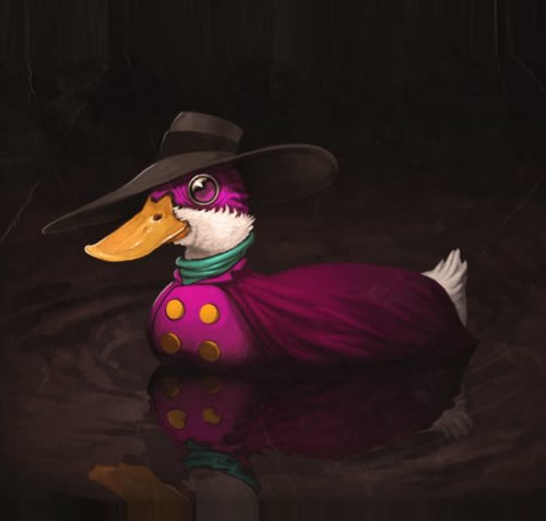 avian bird button cape clothing cosplay darkwing_duck duck eyewear feral hat mask mike_mitchell monocle parody reflection solo water what