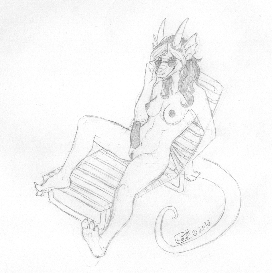 2010 breasts erection fang flynn glasses greyscale hair herm horns intersex katie_hofgard long_hair looking_at_viewer lounge_chair monochrome nipples nude penis plantigrade pussy reclining scalie sheath sketch solo sunglasses tail