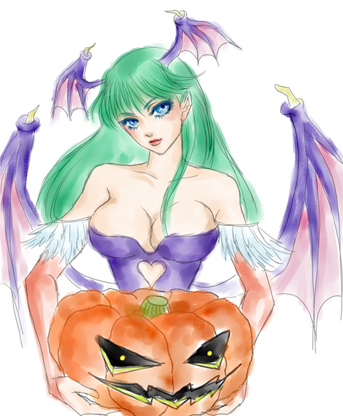breasts capcom cleavage darkstalkers demon_girl head_wings headwings morrigan_aensland pumpkin succubus vampire_(game)