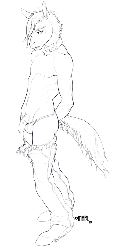 collar equine horse male mammal omari pants pants_pull peeking plain_background solo topless twink white_background