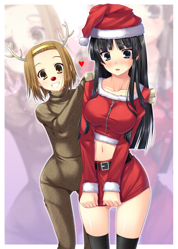 akiyama_mio animal_costume antlers belt black_hair black_legwear blush breasts brown_eyes brown_hair christmas crop_top flat_chest grin hat heart k-on! large_breasts long_hair midriff miyai_sen multiple_girls navel open_mouth red_nose reindeer_antlers reindeer_costume santa_costume santa_hat shiny shiny_skin shirt short_hair skindentation skirt skirt_tug smile tainaka_ritsu taut_clothes taut_shirt thighhighs zoom_layer