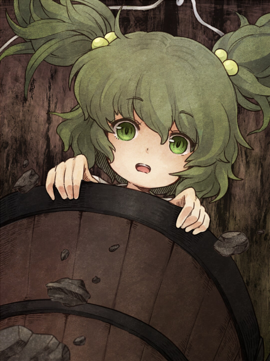 bad_id bad_pixiv_id bucket face green_eyes green_hair hair_bobbles hair_ornament in_bucket in_container kisume short_hair solo touhou twintails urin wooden_bucket