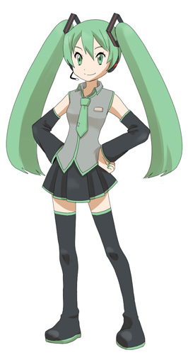 bad_id bad_pixiv_id detached_sleeves green_eyes green_hair hands_on_hips hatsune_miku headset iseri long_hair lowres necktie parody pokemon skirt solo style_parody thighhighs twintails vocaloid
