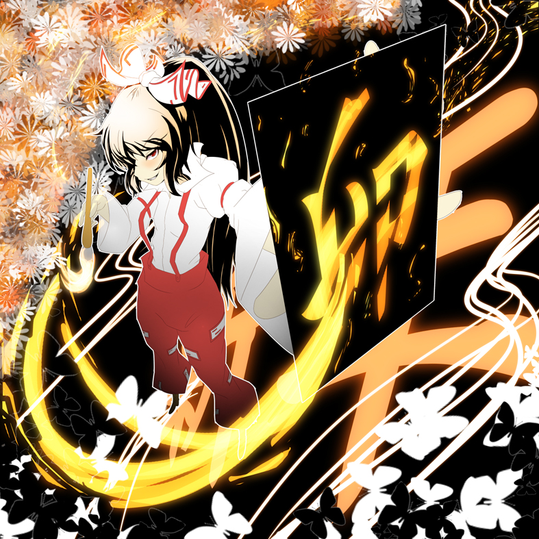 brush card card_with_aura fire foreshortening fujiwara_no_mokou holding holding_card meracle profile smirk solo touhou