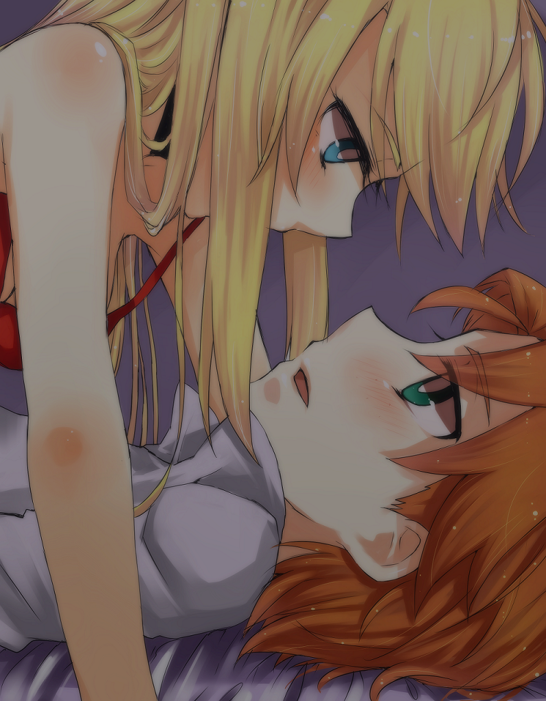 1boy 1girl blonde_hair blue_eyes blush brief_(character) brief_(psg) couple green_eyes looking_at_another open_mouth orange_hair panty_&amp;_stocking_with_garterbelt panty_(character) panty_(psg)