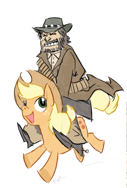 applejack_(mlp) blonde_hair cowboy_hat crossover cutie_mark equine eyes_closed female feral freckles friendship_is_magic green_eyes hair hat horse human john_marston male mammal my_little_pony open_mouth plain_background pony rdr riding rockstar russiandragon what white_background