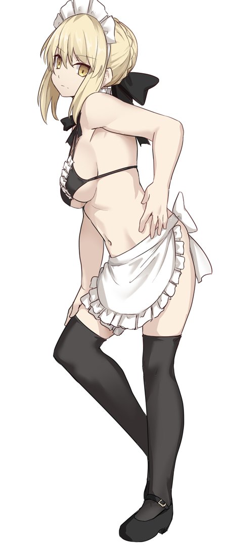 apron artoria_pendragon_(all) artoria_pendragon_(swimsuit_rider_alter) bangs bare_arms bikini black_bikini black_footwear black_legwear black_ribbon blonde_hair braid breasts fate/grand_order fate_(series) french_braid frilled_apron frilled_bikini_top frills hair_ribbon hand_on_hip legs maid_bikini maid_headdress medium_breasts midriff navel ribbon shiseki_hirame simple_background standing stomach swimsuit thighhighs thighs tied_hair waist_apron white_apron white_background yellow_eyes