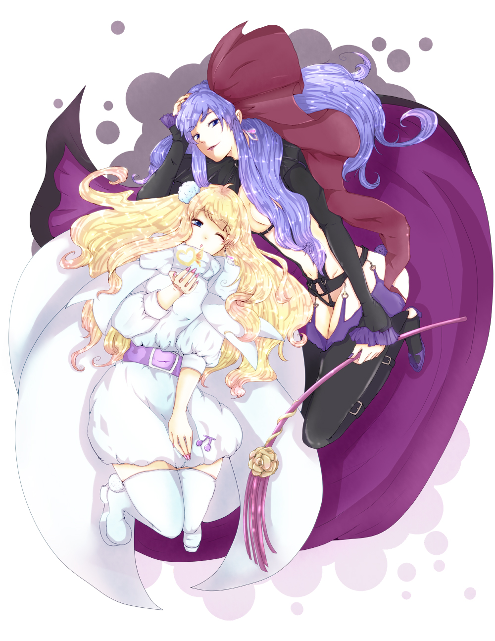 belt blonde_hair blue_eyes boots cape dress dual_persona heart highres jewelry long_hair macross macross_frontier macross_frontier:_itsuwari_no_utahime multiple_girls one_eye_closed oretto_(ring) purple_hair sheryl_nome single_earring thigh_boots thighhighs