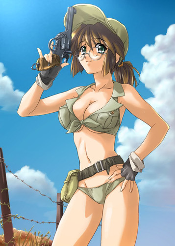 bag belt bent_arm bent_arms big_breasts bikini breasts brown_hair butt clothed clouds fence fingerless_gloves fio glasses gloves grass green green_eyes gun hair hat human looking_at_viewer metal_slug navel not_furry outside shadow skimpy skin standing weapon