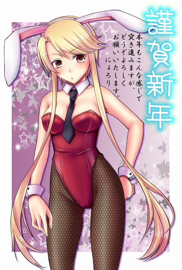 animal_ears bad_id bad_pixiv_id blonde_hair brown_eyes bunny_ears bunnysuit fishnet_pantyhose fishnets kasuga_(sengoku_basara) long_hair necktie nyorori_(tatsutaage) pantyhose sengoku_basara solo translation_request