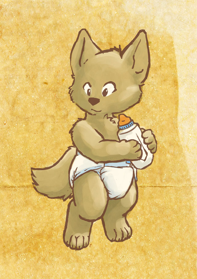 bottle brian_root brown brown_fur canine cub cute diaper fur infantilism mammal solo wolf young