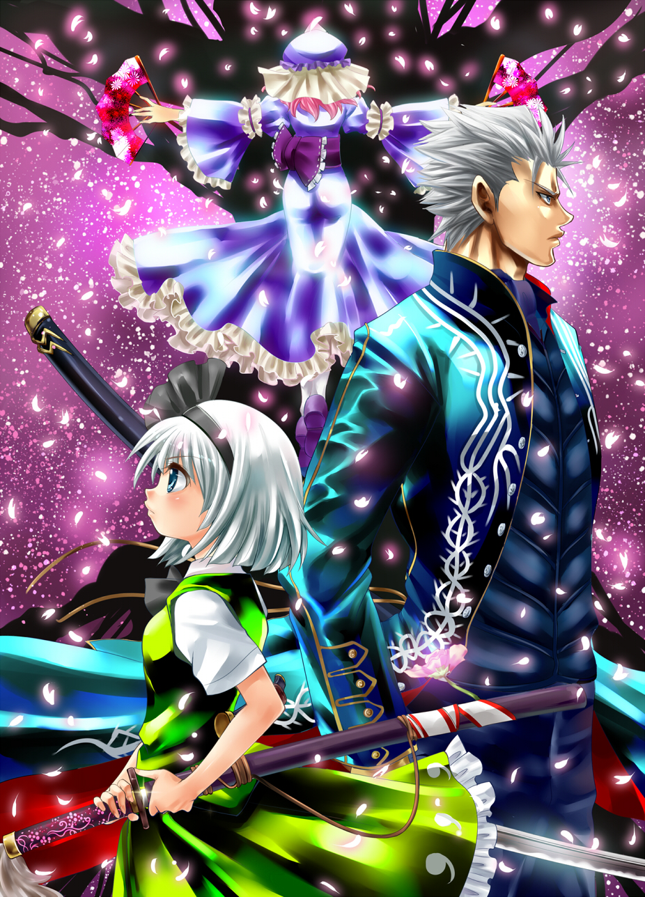 2girls blue_eyes crossover devil_may_cry floating from_behind hairband hat highres katana konpaku_youmu multiple_girls nagare outstretched_arms pink_hair profile saigyouji_yuyuko short_hair silver_hair spread_arms sword touhou vergil weapon
