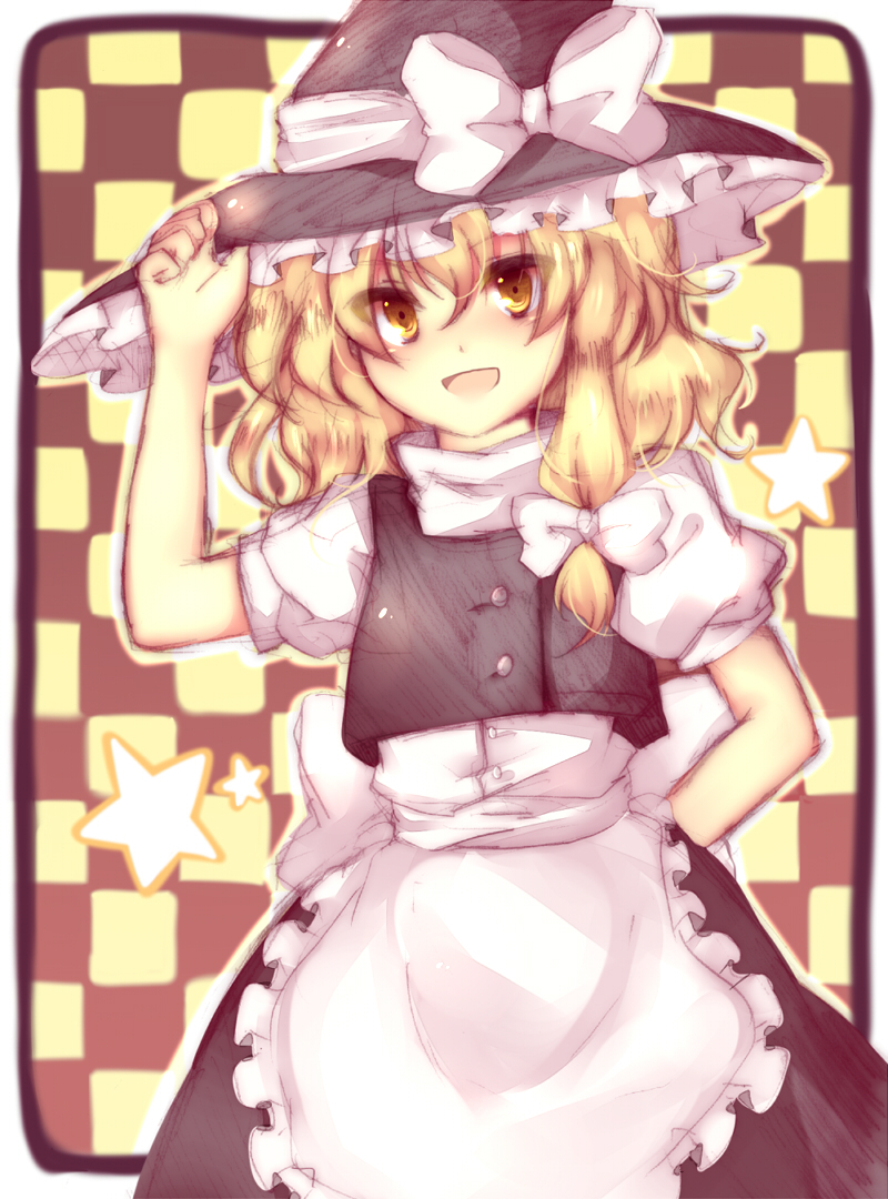 arm_behind_back bad_id bad_pixiv_id blonde_hair hand_on_headwear hat kirisame_marisa open_mouth smile solo star touhou uranaishi_(miraura) witch_hat yellow_eyes