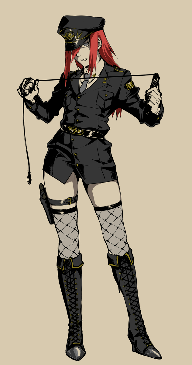 belt black_boots blazer boots breasts cross-laced_footwear female fishnet_legwear fishnets full_body gloves grey_background grey_necktie gun hat hat_over_one_eye highres holding holster kazari_tayu knee_boots long_sleeves looking_at_viewer military military_uniform naruto necktie peaked_cap police police_uniform policewoman red_hair sepia simple_background small_breasts solo standing tayuya tayuya1130 thigh_holster thigh_strap thighhighs uniform weapon whip