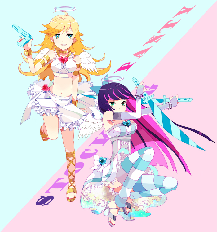 bare_shoulders blonde_hair blue_eyes boots bow bracelet bridal_gauntlets chilbok dress dual_wielding earrings frills green_eyes gun hair_bow halo heart high_heels holding jewelry long_hair midriff multicolored_hair multiple_girls nail_polish navel panties panty_&amp;_stocking_with_garterbelt panty_(psg) pink_nails purple_nails shoes stocking_(psg) striped striped_legwear sword thighhighs two-tone_hair underwear weapon wings