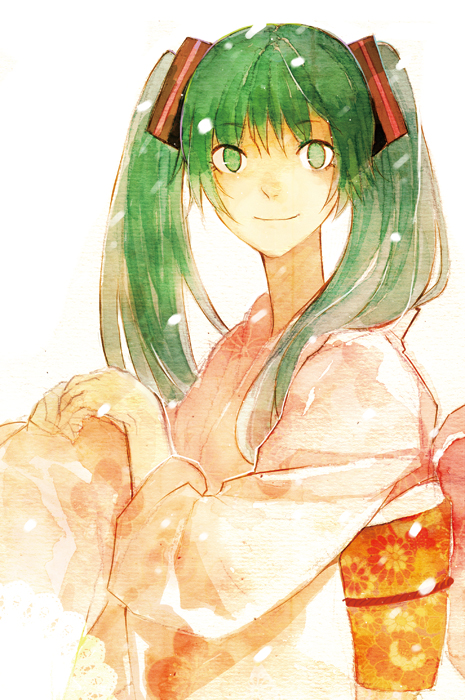 bad_id bad_pixiv_id green_eyes green_hair hair_over_shoulder hatsune_miku japanese_clothes kaka123 kimono light_smile long_hair obi sash simple_background solo twintails upper_body vocaloid