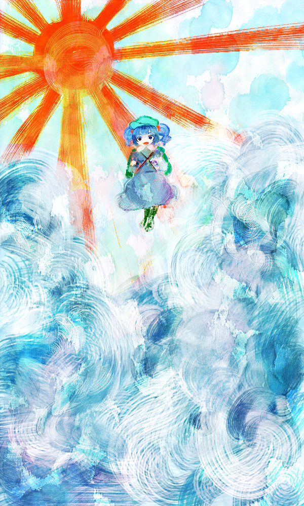 amii backpack bad_id bad_pixiv_id bag blue_hair boots hair_bobbles hair_ornament hat japanese_flag kawashiro_nitori solo sun touhou twintails two_side_up water