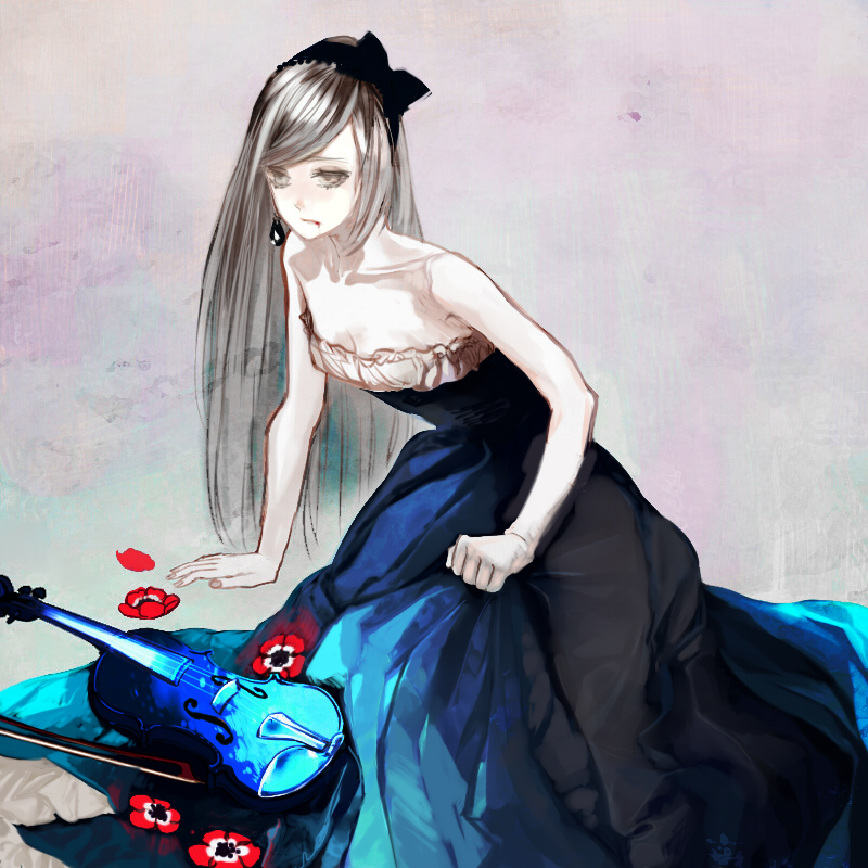 anemone_(flower) arm_support bad_id bad_pixiv_id bare_shoulders blood bow bow_(instrument) clenched_hand collarbone dress earrings flower grey_eyes hair_bow instrument jewelry long_hair original shikishima_(eiri) silver_hair simple_background solo vampire violin