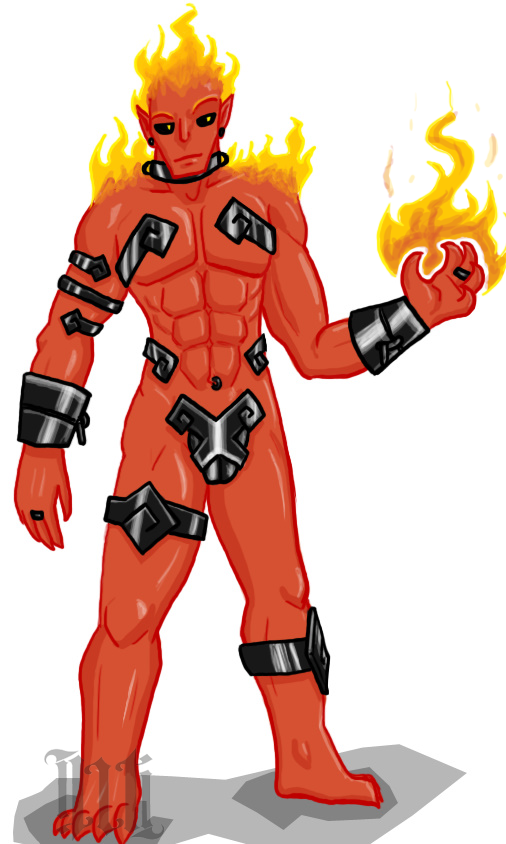 arm_band bastion black_eyes bracelet codpiece collar demon elemental fire fire_hair illuminatii jewelry male muscles red_skin skimpy solo unconvincing_armour