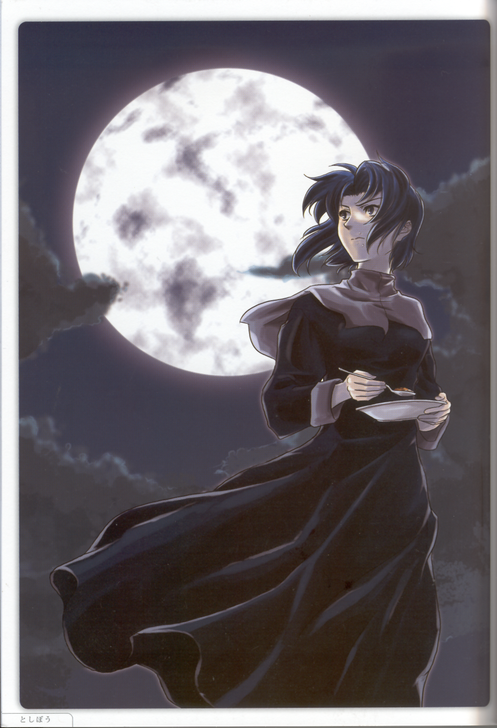 artist_name blue_eyes blue_hair ciel cloud curry eating food food_on_face full_moon highres looking_away moon night night_sky plate robe scan scan_artifacts short_hair sky solo spoon toshibou_(satsukisou) tsukihime