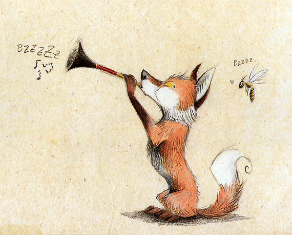 &hearts; 2010 canine cute digitigrade feral fox humour male musical_note sitting skia vuvuzela wings yellow_eyes